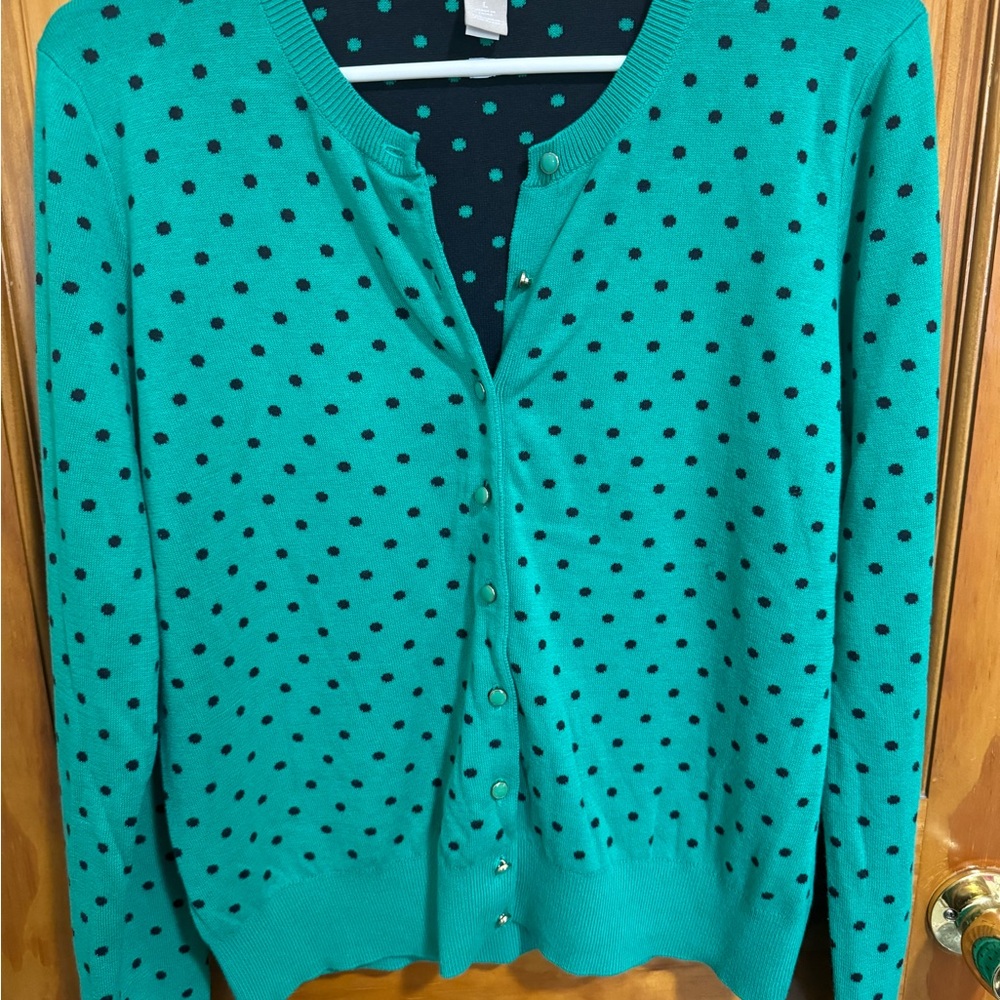 Banana Republic cardigan.   Green with navy dots.  Size Large